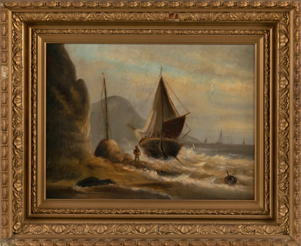 Appraisal: CONTINENTAL SCHOOL LATE TH CENTURY FISHING BOAT AGAINST THE SHORE