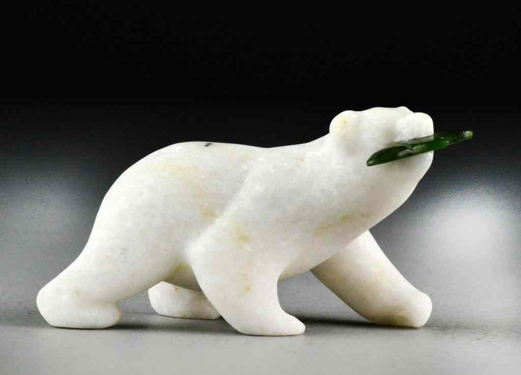 Appraisal: Inuit Carved Alabaster Bear with Jade FishDepicting a standing bear