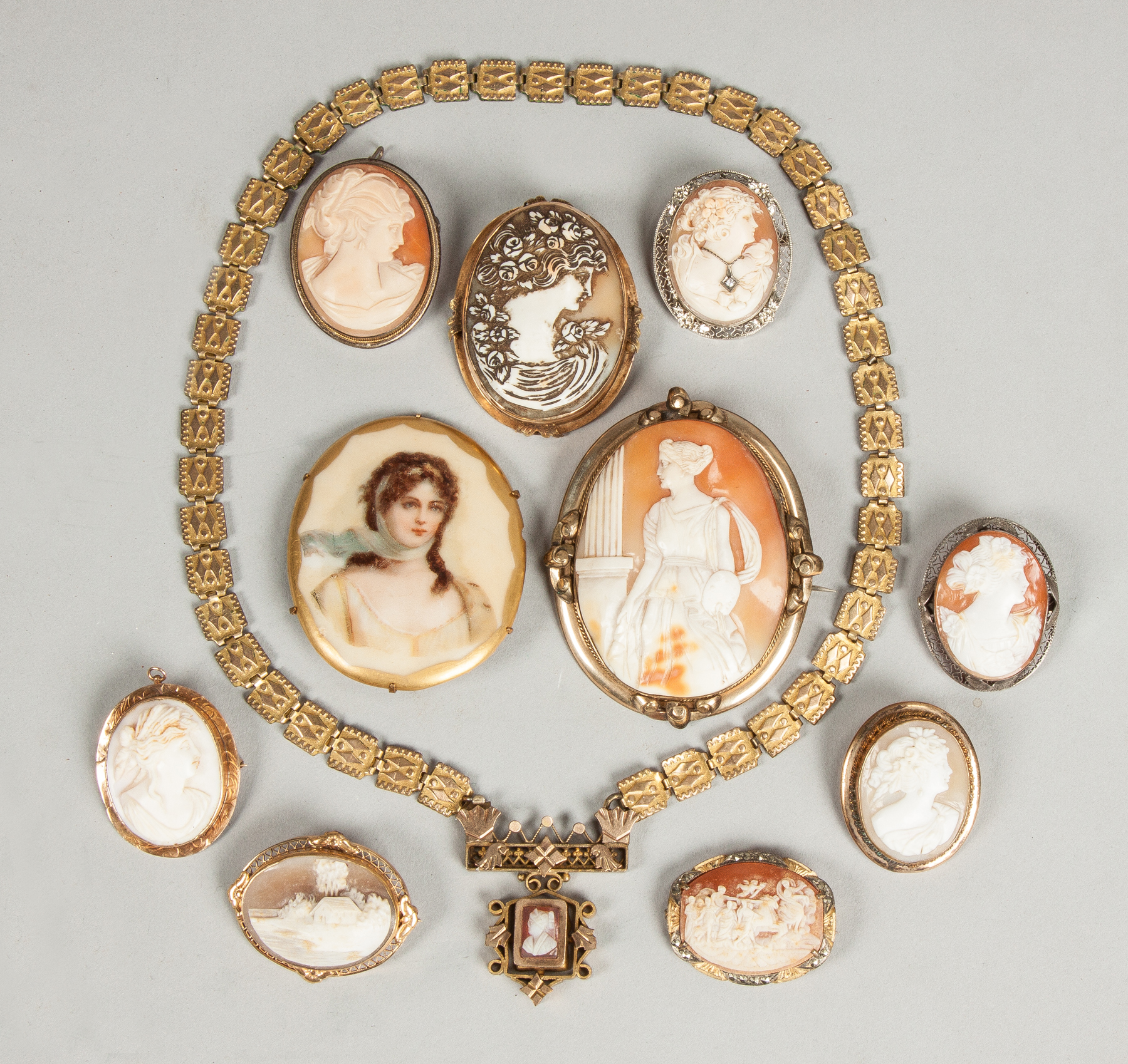 Appraisal: Group of Vintage Cameo Pins With painted porcelain pin cameo