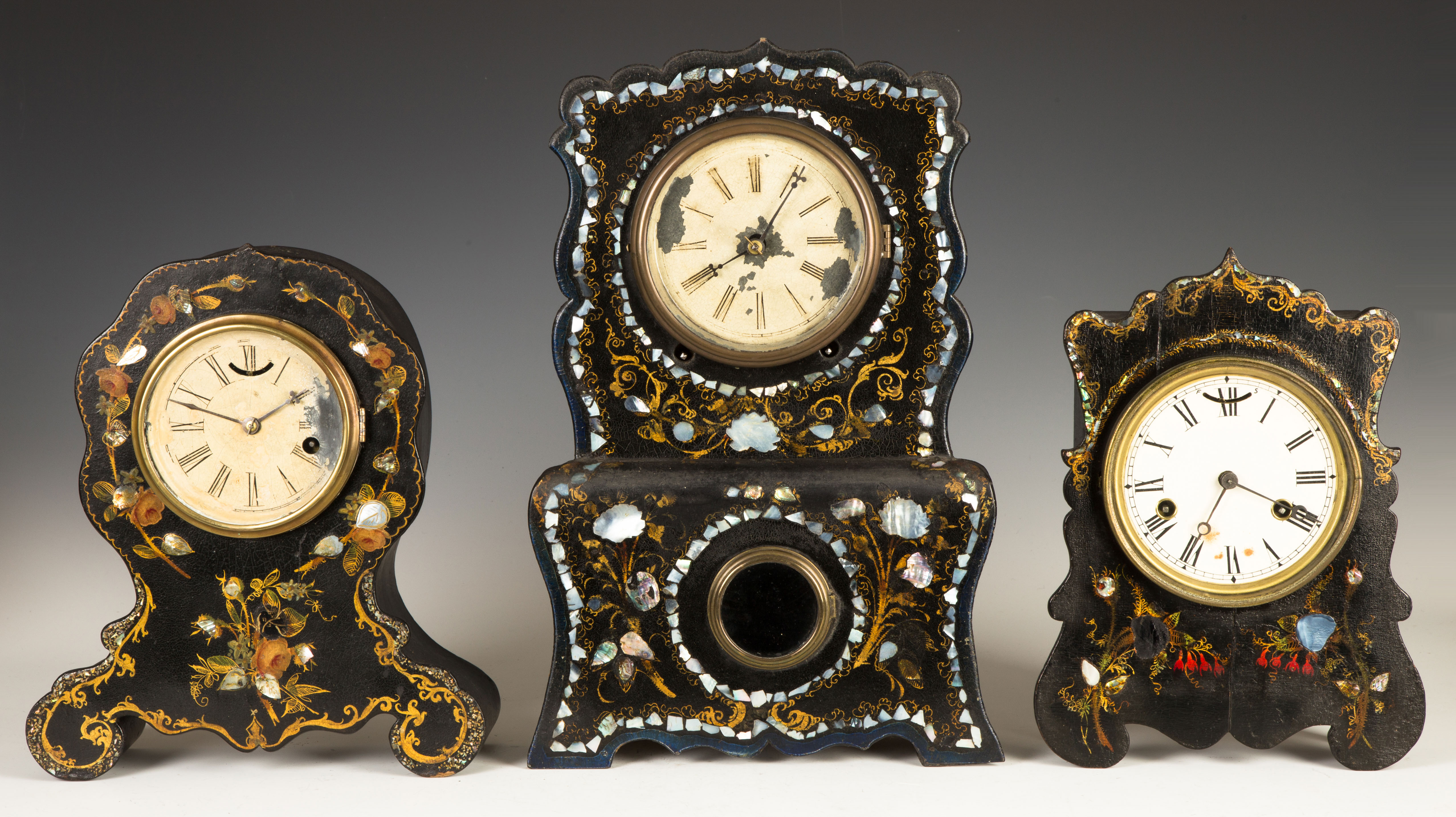 Appraisal: Three Victorian Paper Mache Shelf Clocks All have original paint