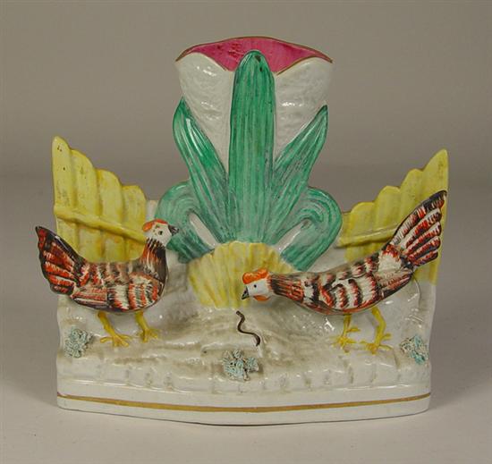 Appraisal: Staffordshire Vase th Century Rooster and chicken with fence in