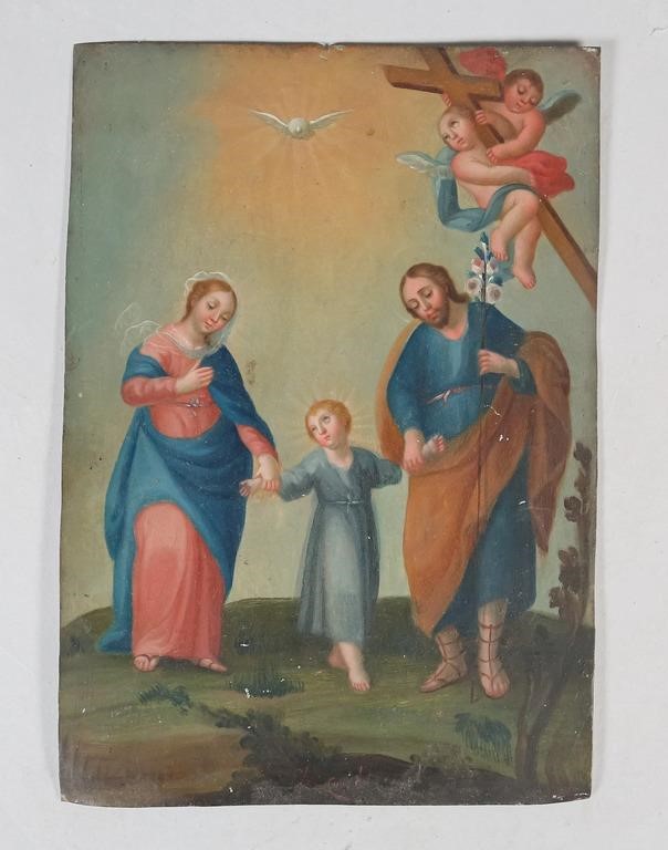 Appraisal: Oil on tin Mexican retablo The Holy Family Signed lower