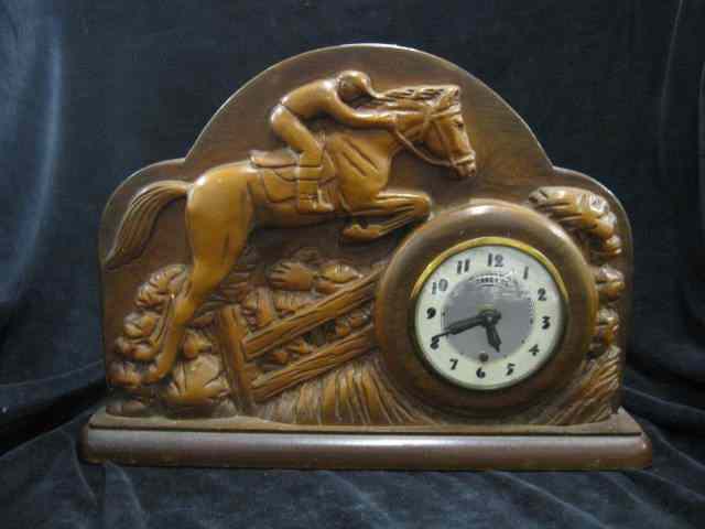 Appraisal: Equestrian Wooden Clock ''Lanshire'' jumping horse rider '' x ''