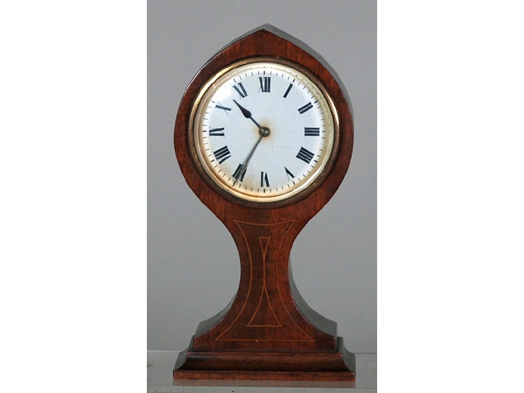 Appraisal: EDWARDIAN LINE INLAID MAHOGANY BALLOON MANTEL CLOCK enamelled Roman dial