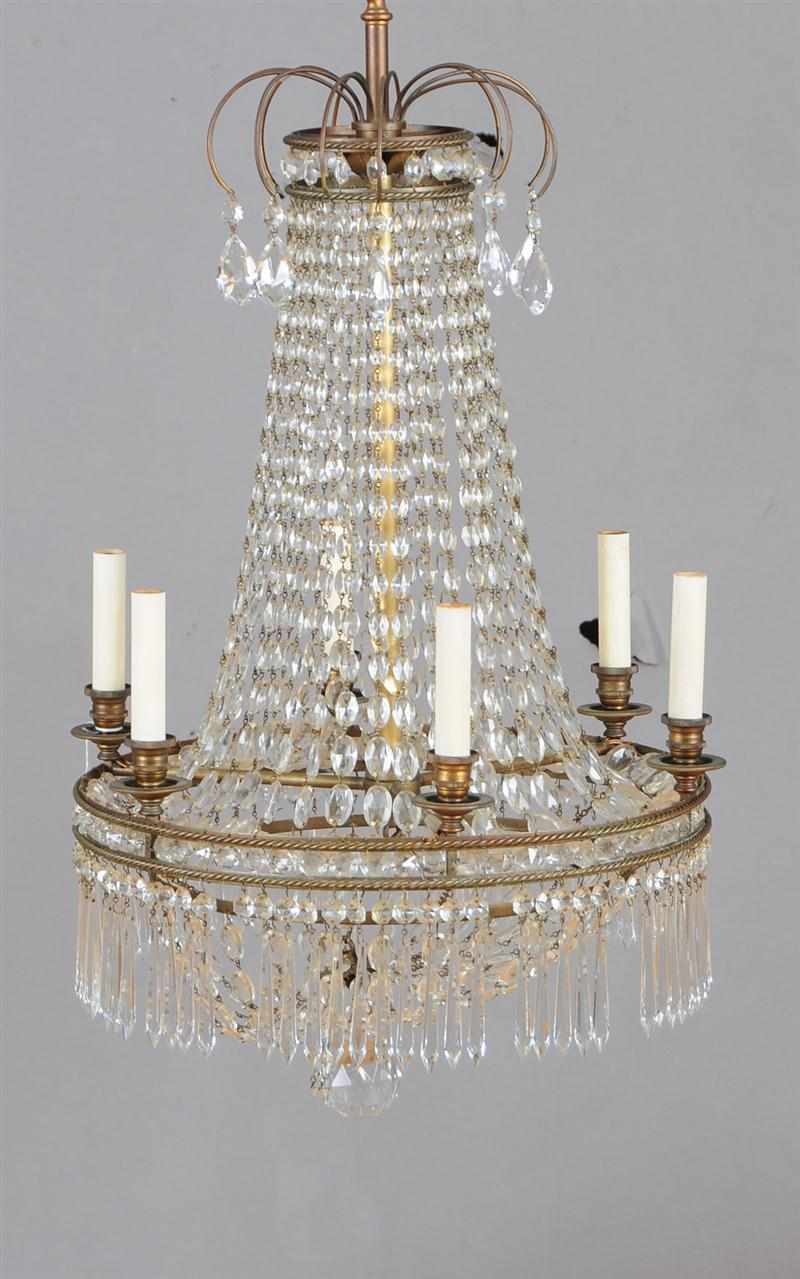 Appraisal: SWEDISH NEOCLASSICAL STYLE CUT-GLASS MOUNTED METAL SIX-LIGHT CHANDELIER The primary