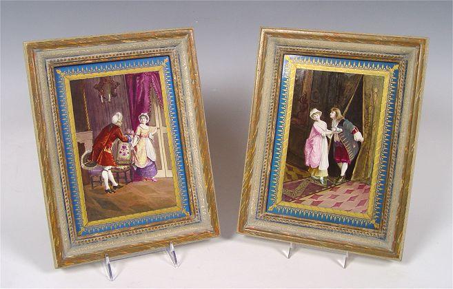 Appraisal: PAIR FRENCH PORCELAIN HAND PAINTED PLAQUES attrib SEVRES Unsigned Wood