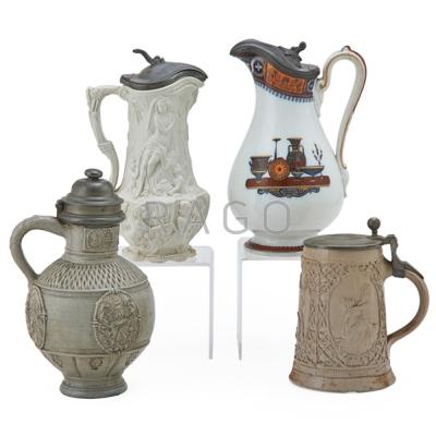 Appraisal: EUROPEAN PORCELAIN STEINS Four with pewter lids th c two