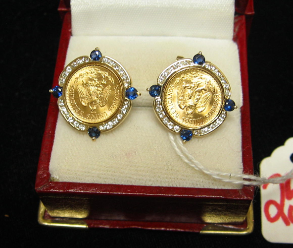 Appraisal: PAIR OF MEXICAN GOLD COIN SAPPHIRE DIAMOND AND FOURTEEN KARAT