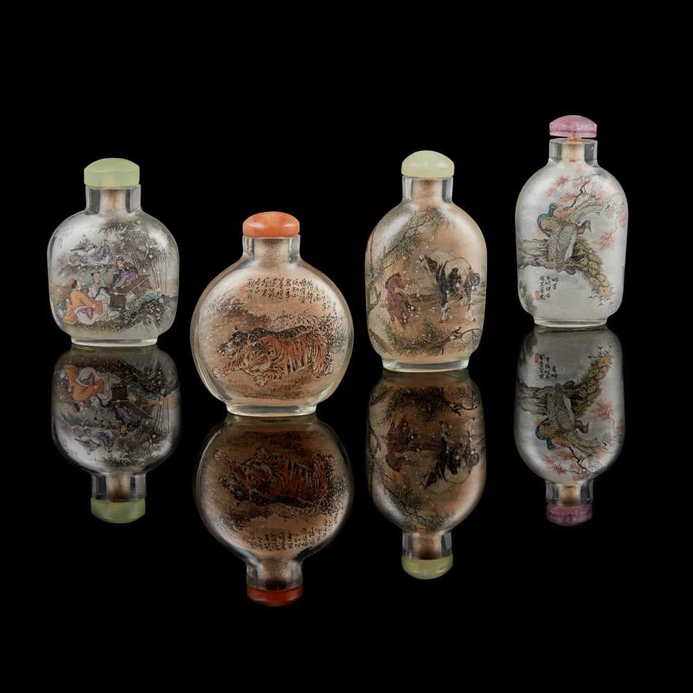 Appraisal: GROUP OF FOUR REVERSE-PAINTED ROCK CRYSTAL SNUFF BOTTLES comprising one