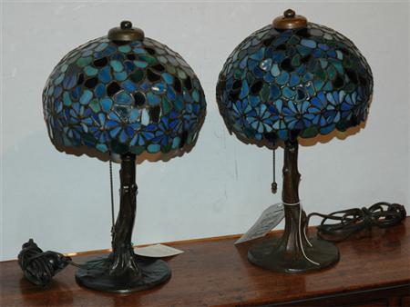 Appraisal: Companion Pair of Handel Leaded Glass and Patinated-Metal Boudoir Lamps