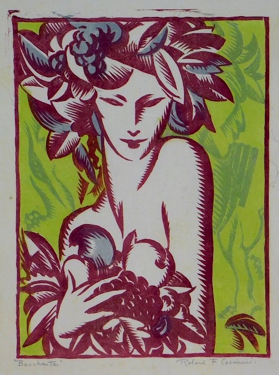 Appraisal: Roland Cosimini Bacchante Woman Art Deco Woodcut Roland Francis Cosimini