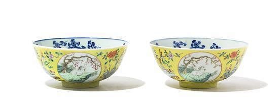 Appraisal: A Pair of Famille Jaune Porcelain Bowls Diameter inches A