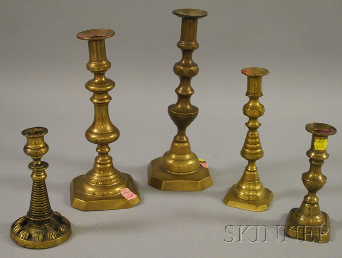 Appraisal: Five Assorted th Century Brass Candlesticks ht to in