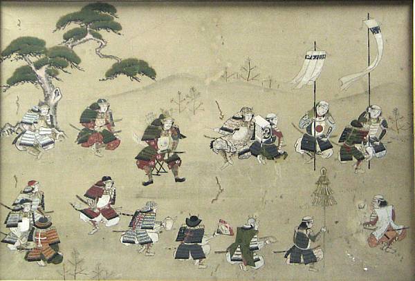 Appraisal: Anonymous Japanese painting of a samurai gathering Ink and color