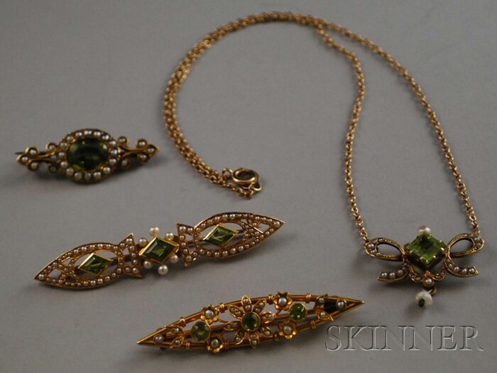 Appraisal: Four Peridot and Seed Pearl Jewelry Items a kt gold