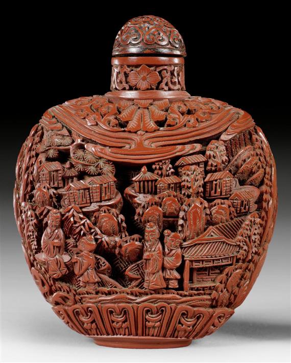 Appraisal: A CARVED CINNABAR LACQUER SNUFFBOTTLE China height cm Incised Qianlong