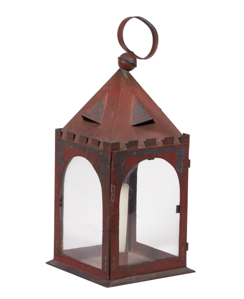 Appraisal: TOLE PAINTED CANDLE LANTERN Red and Blue Painted Hanging Lantern