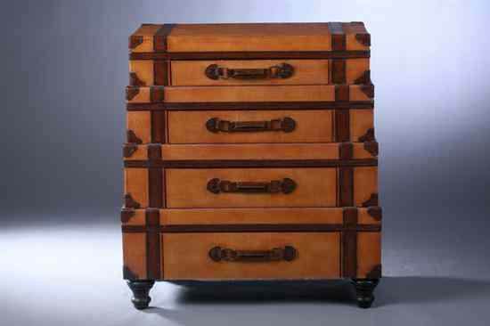 Appraisal: CONTEMPORARY LEATHER-MOUNTED CHEST-OF-DRAWERS Four graduated luggage-form tiers having full-width drawers