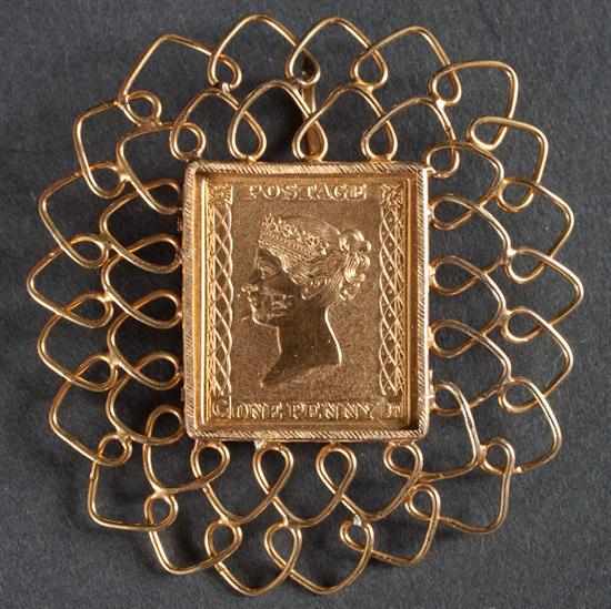 Appraisal: k yellow gold Penny Black commemorative stamp pendant grams Estimate