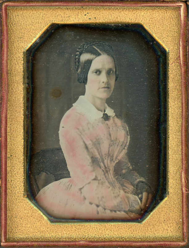 Appraisal: LADY IN PINK WITH BRAIDS s DAGUERREOTYPE This is a