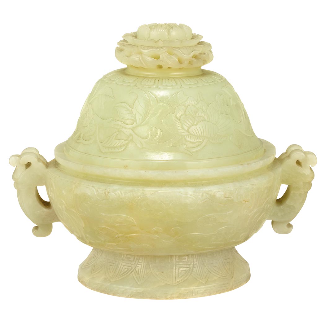 Appraisal: Chinese White Jade Covered Censer th Century The compressed globular