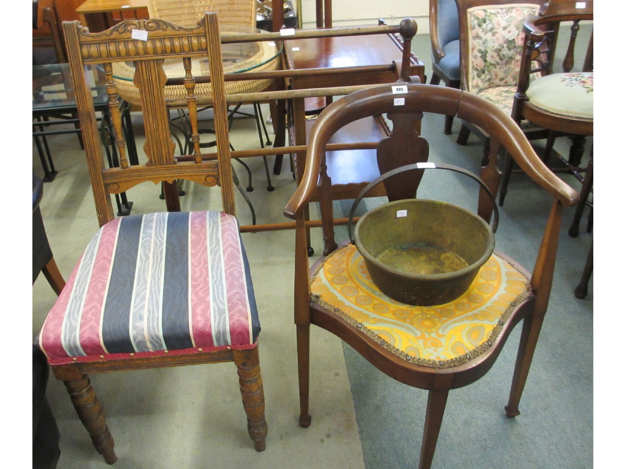 Appraisal: Edwardian mahogany corner chair oak chair towel rail and jelly