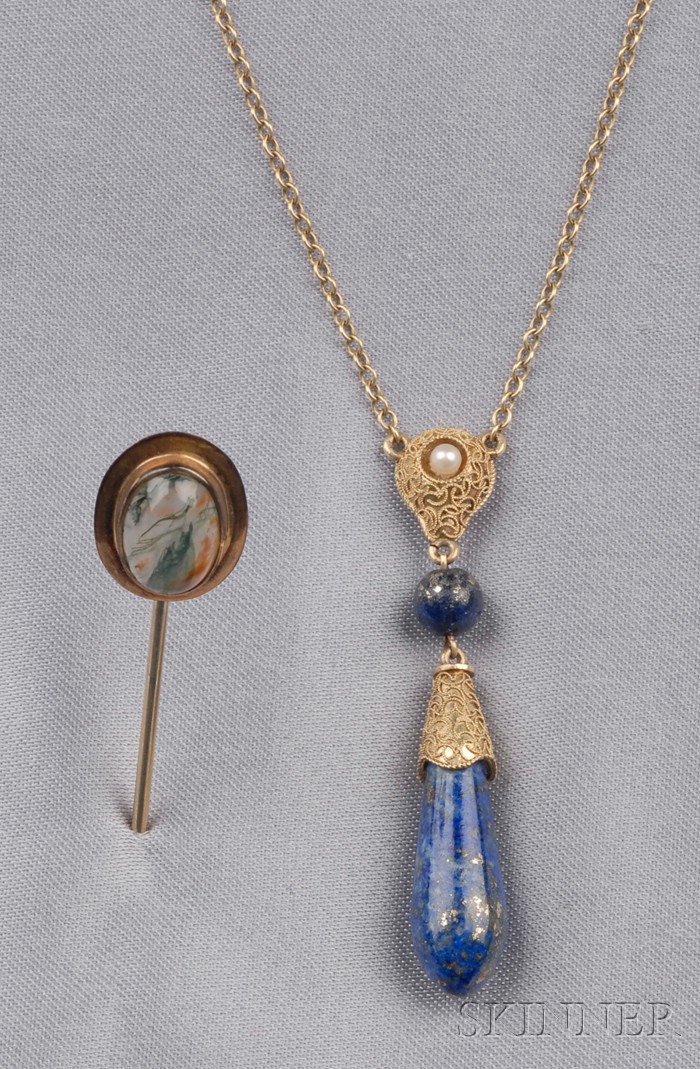 Appraisal: Two Antique Jewelry Items a lapis and seed pearl pendant