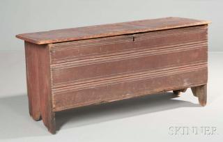 Appraisal: Red-painted Pine Crease-molded Six-board Chest probably southeastern Massachusetts c the