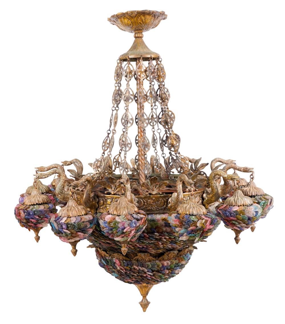 Appraisal: FRENCH-STYLE COLOR GLASS CHANDELIERpainted bronze with twelve arms and hanging