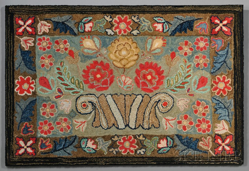 Appraisal: Floral Hooked Rug with a Basket of Flowers America late