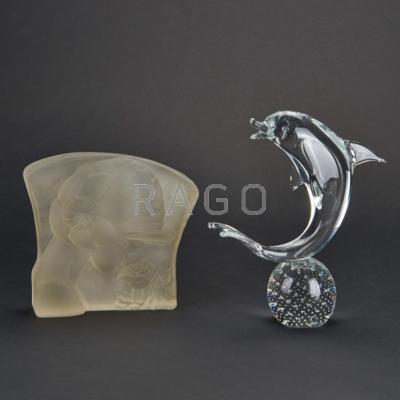 Appraisal: GLASS Two glass sculptures dolphin with controlled bubbles and Deco