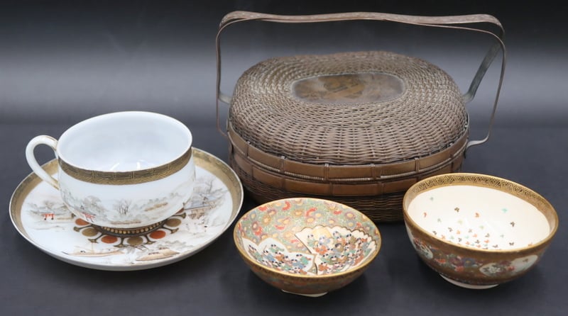 Appraisal: COLLECTION OF SIGNED JAPANESE SATSUMA AND A BASKET Includes a