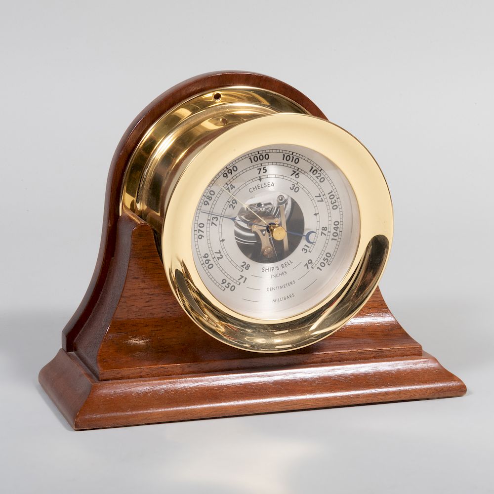 Appraisal: Tiffany 'Chelsea' Brass Ship Barometer On wood mount x x