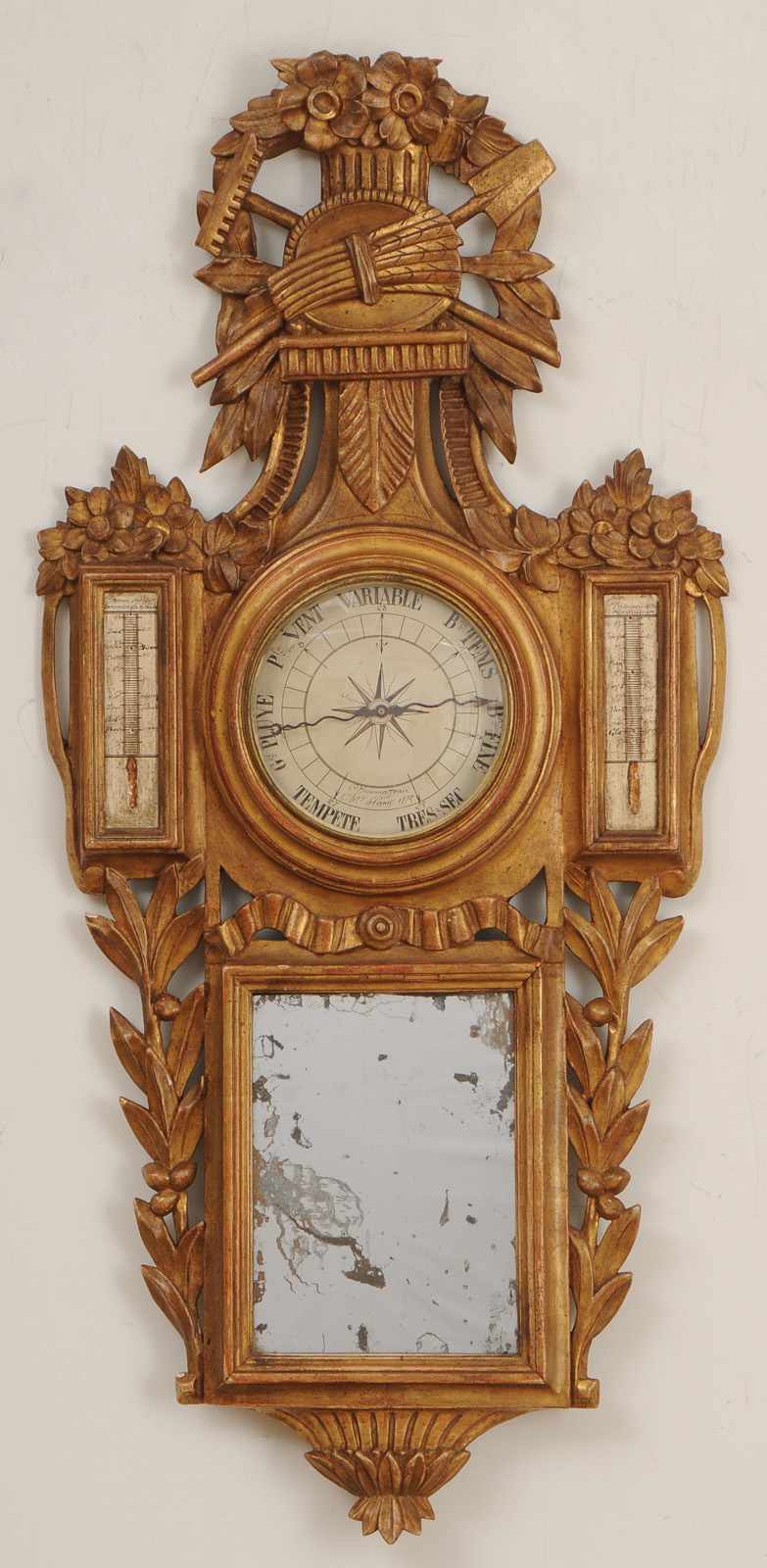 Appraisal: PROVINCIAL LOUIS XVI CARVED GILTWOOD BAROMETER THERMOMETER Signed Bourrassean Opt