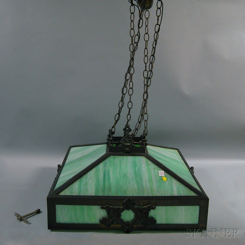 Appraisal: Slag Glass Hanging Lamp United States early th century four-sided