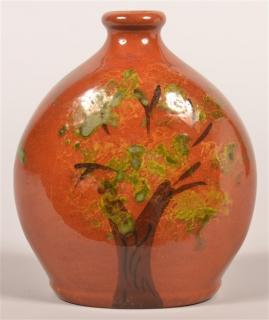 Appraisal: Breininger Redware Flask with Tree Decoration Breininger Redware Flask with