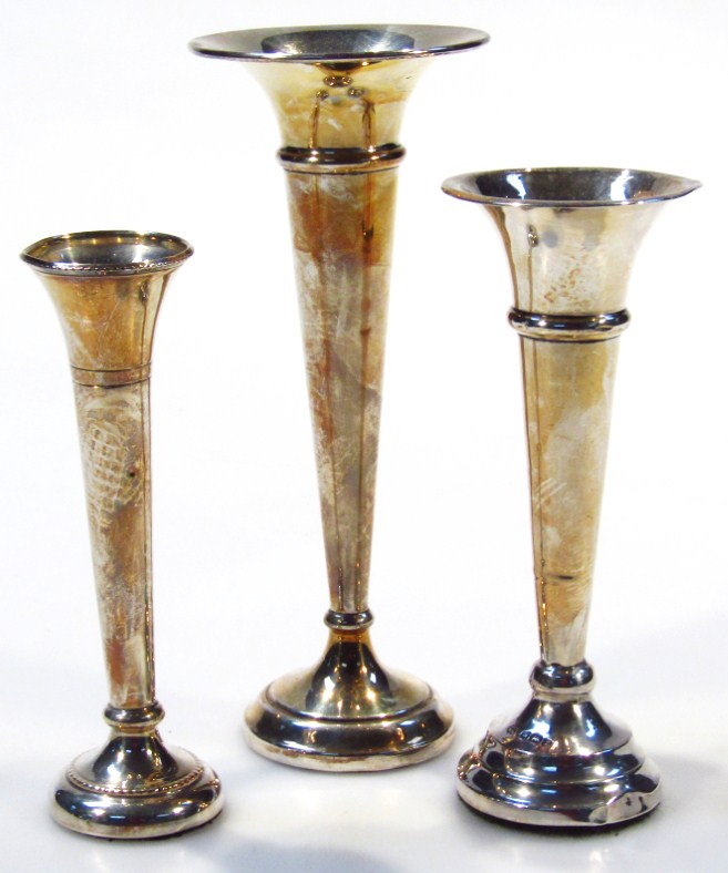 Appraisal: Three silver trumpet shaped flower specimen vases all with filled