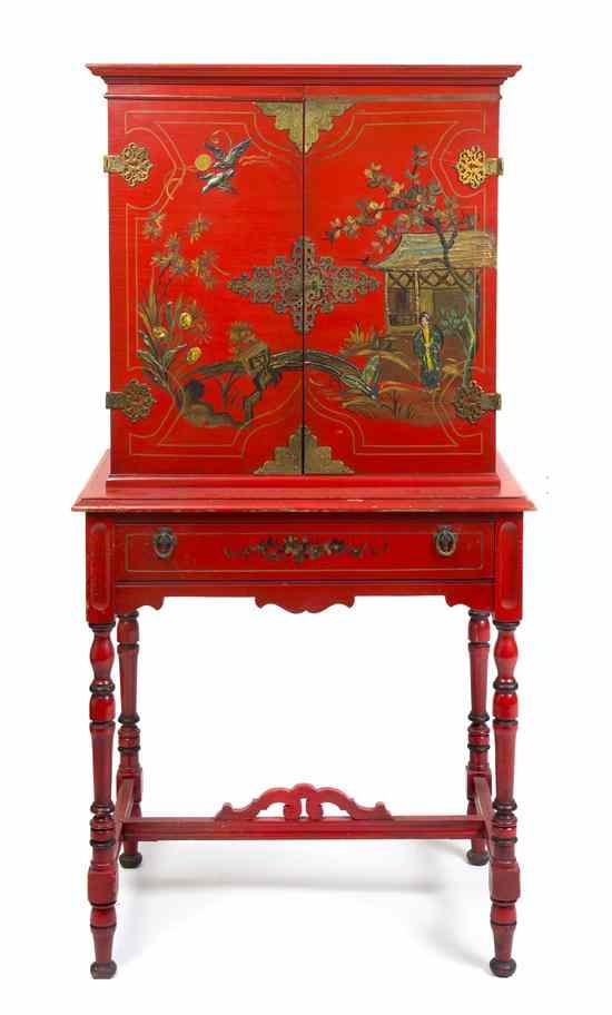 Appraisal: A Red Lacquered Cabinet on Stand having Chinoiserie decoration throughout