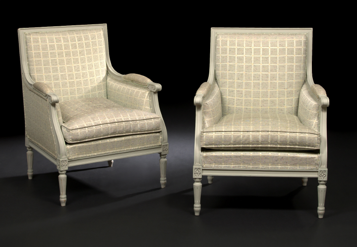 Appraisal: Pair of Louis XVI-Style Polychromed Bergeres each with a padded