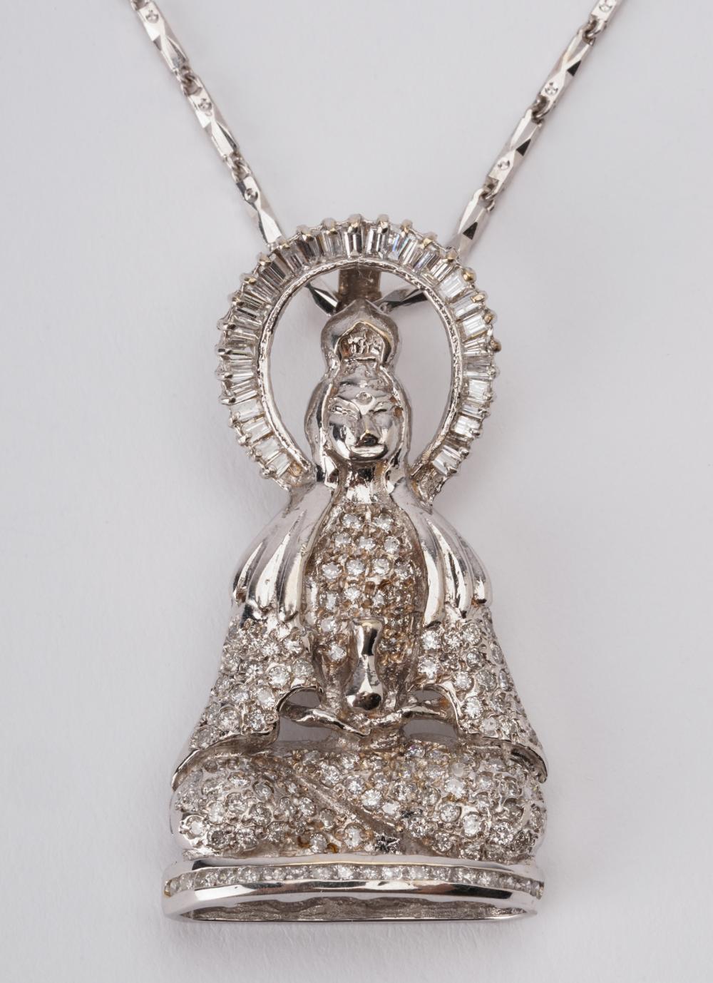 Appraisal: KARAT WHITE GOLD DIAMOND BUDDHA PENDANT NECKLACEcontaining baguette and tapered