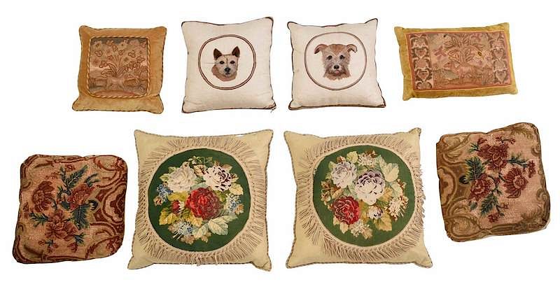 Appraisal: Eight Needlepoint Pillows pair contemporary with embroidered terriers two near