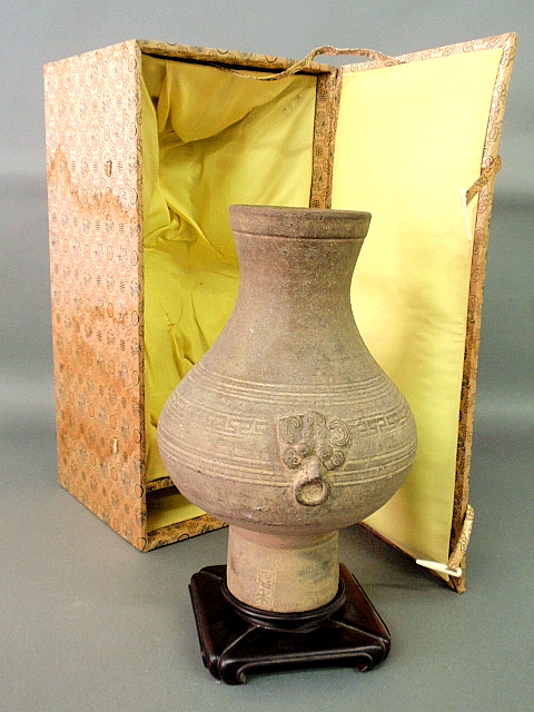 Appraisal: - Early Chinese pottery urn h x dia with fitted