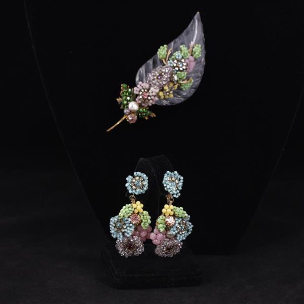 Appraisal: Miriam Haskell pc Feather Floral Beaded Brooch Pin Clip Earrings