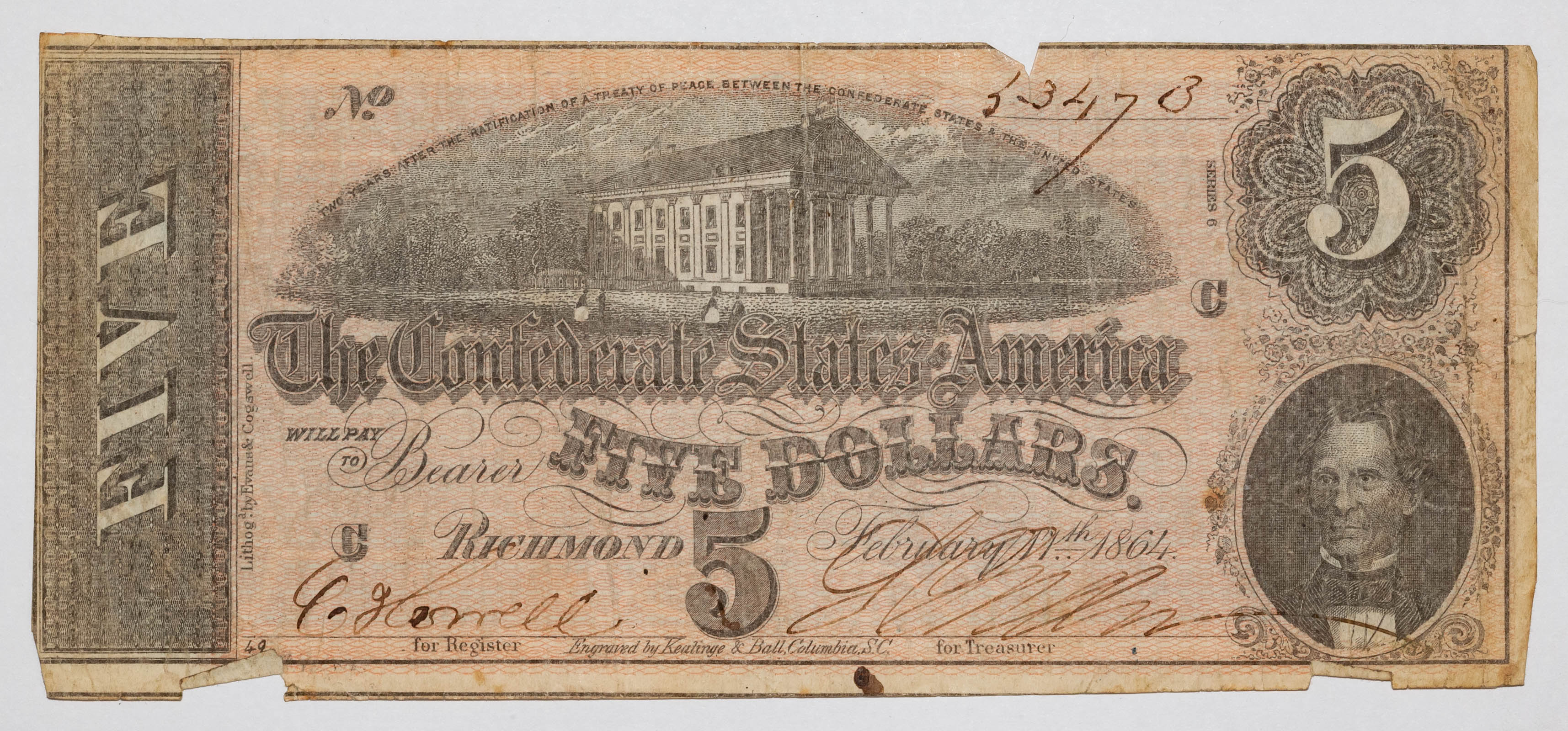 Appraisal: CONFEDERATE NOTE FEB T- VG SN small missing edge areas