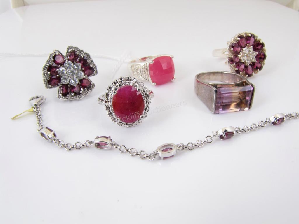 Appraisal: Six sterling silver jewelry pieces all featuring pink stones including