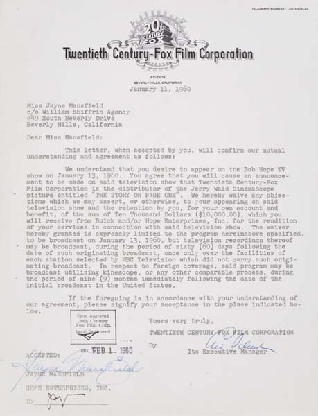 Appraisal: JAYNE MANSFIELD Group of typed letters signed by Mansfield regarding