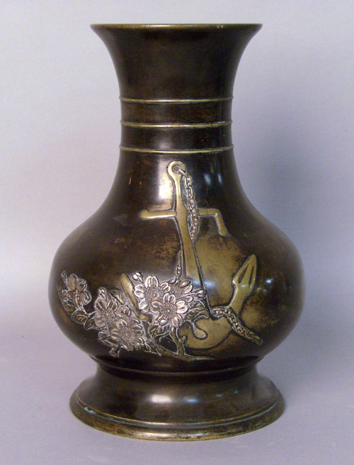 Appraisal: Japanese bronze vase with silver appliques h