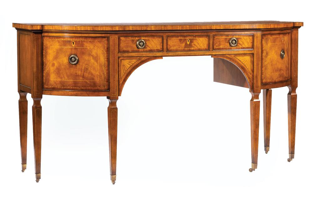 Appraisal: Hepplewhite-Style Baker Inlaid Mahogany Sideboard shaped top conforming case three