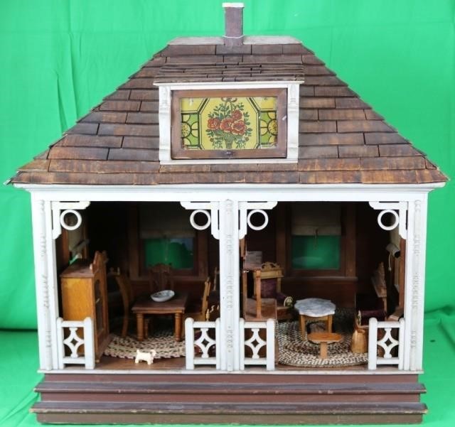 Appraisal: LATE TH C ROOM GERMAN DOLLHOUSE WITHFURNITURE HIP WOODEN SHINGLE