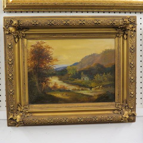 Appraisal: Antique Oil Painting landscape with farmhouse along a river image